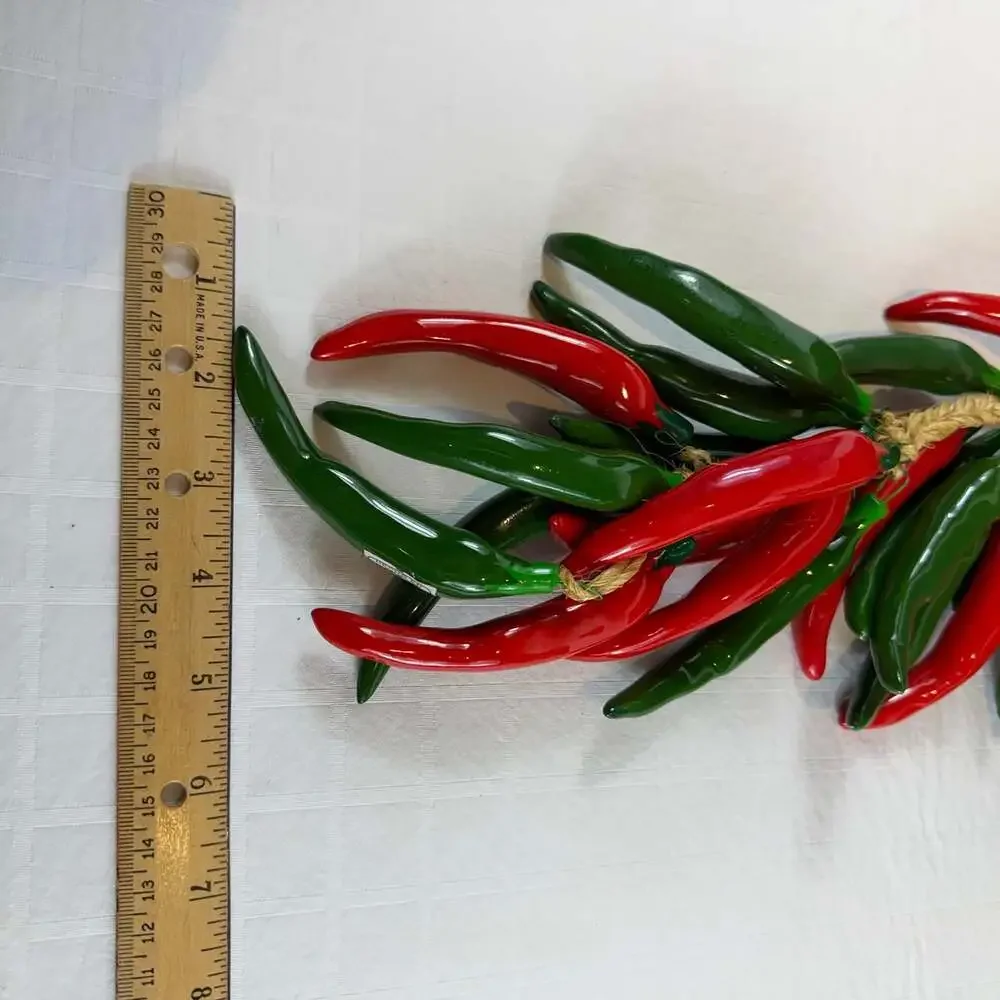 red & green ceramic chili pepper wall hanging glossy glazed on jute rope